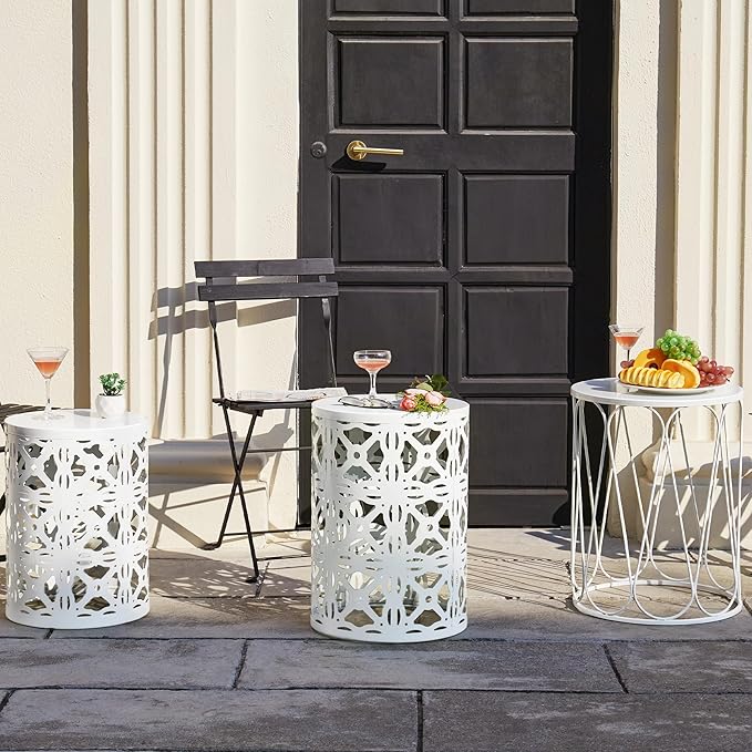 Y&M Set of 3 Stacking Coffee Table for Living Room, Patio Side Table,Indoor End Tables for Bedroom, Outdoor Decorative Garden Stool with Heavy Duty Metal Frame Modern Industrial Decor - White