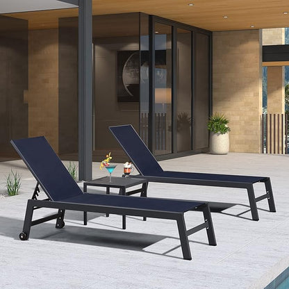 PURPLE LEAF Patio Chaise Lounge Set 2 Pieces Textilene Pool Lounge Chairs with Wheels Sunbathing Chair for Outdoor Yard (2 Navy Blue Lounges W/Side Table)