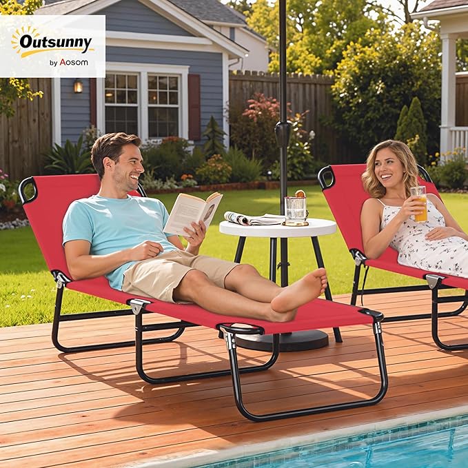 Outsunny Folding Chaise Lounge Pool Chairs, Outdoor Sun Tanning Chairs with 5-Level Reclining Back - Photo 2