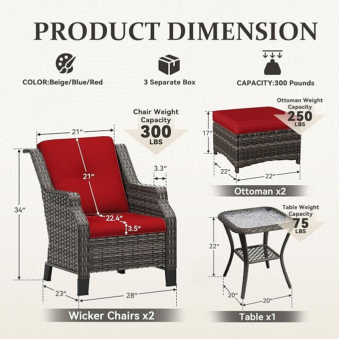 Wicker Patio Furniture Set - 5 Piece Rattan Outdoor Conversation Sets with 2 Wicker Patio Chairs,2 Ottomans, 1 Side Table for Garden, Backyard, Balcony and Deck