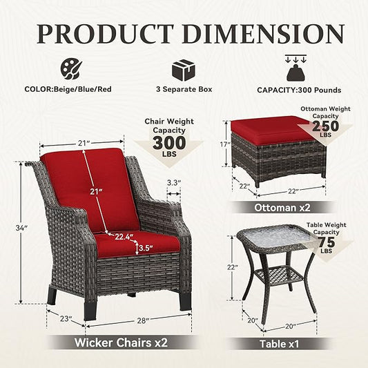 Wicker Patio Furniture Set - 5 Piece Rattan Outdoor Conversation Sets with 2 Wicker Patio Chairs,2 Ottomans, 1 Side Table for Garden, Backyard, Balcony and Deck