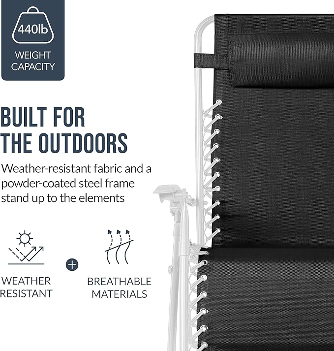 Best Choice Products Set of 2 Extra Wide Adjustable Steel Mesh Zero Gravity Lounge Chair Recliners w/Pillows and Cup Holder Trays - Black/White