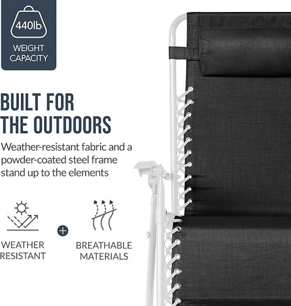Best Choice Products Set of 2 Extra Wide Adjustable Steel Mesh Zero Gravity Lounge Chair Recliners w/Pillows and Cup Holder Trays - Black/White