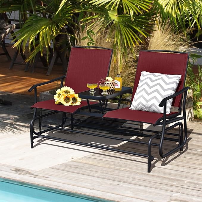 Tangkula 2 Person Swing Glider Chair, Patio Rocking Loveseat w/Center Tempered Glass Table - Photo 2