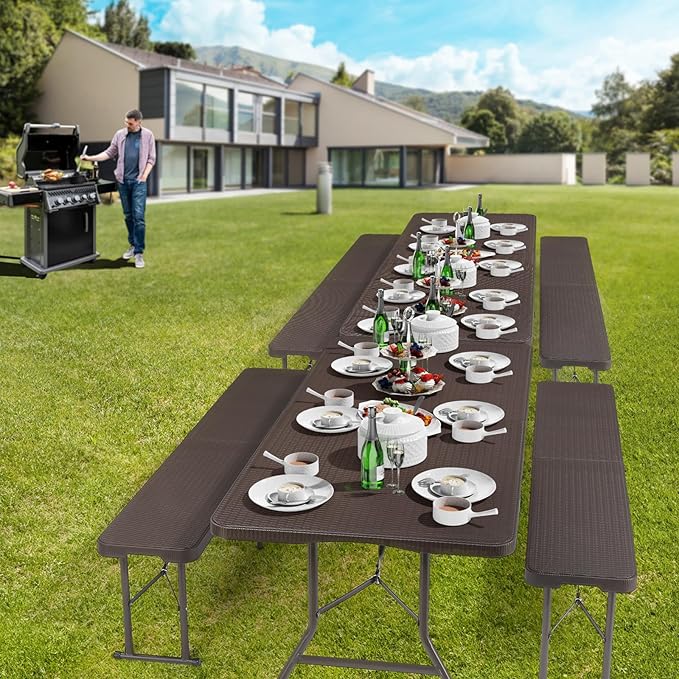 VINGLI 6 feet Plastic Folding Bench,Portable in/Outdoor Picnic Party Camping Dining Seat, Garden Soccer Multipurpose Entertaining Activities, Smooth HDPE Tabletop (1, Brown, 6ft)