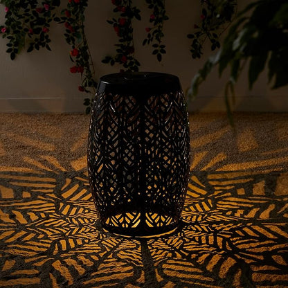 Glitzhome Set of 2 Outdoor Side Table with Leaf Pattern Solar Powered Light, 18.25" H Iron Cutout Drum Garden Stool Solar Decorative Lanterns, Metal End Table Plant Stand for Indoor Outdoor, Black