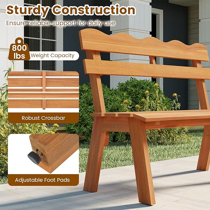 Tangkula Acacia Wood Outdoor Bench with Backrest, 2-Person Patio Garden Bench with Waved Backrest and Slatted Seat, 800 lbs Weight Capacity, Outside Loveseat for Front Porch, Balcony, Backyard, Park