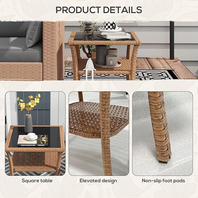 Outsunny Rattan Side Table, Outdoor End Table with Storage Shelf, Aluminum Frame Square, Coffee Table with Tempered Glass Top, Sand