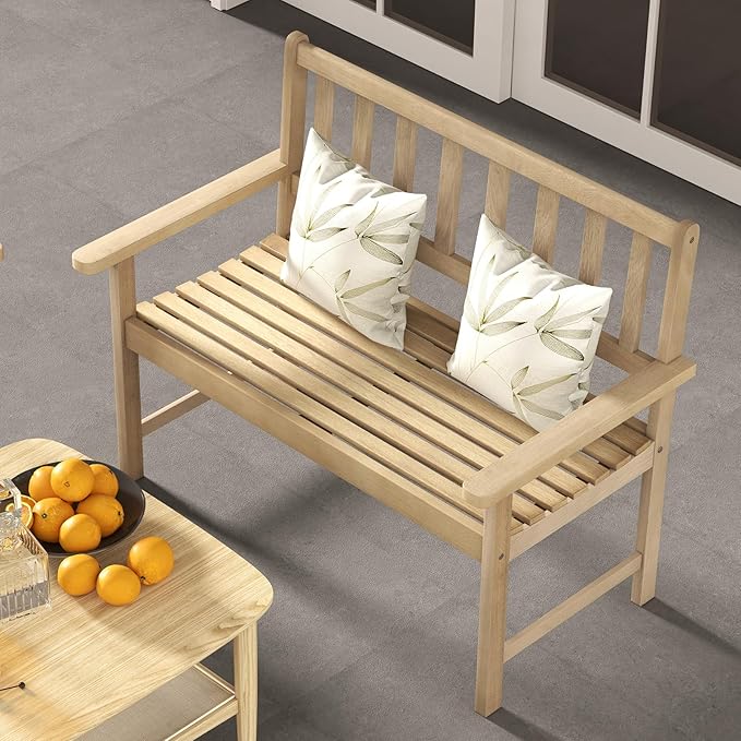Tangkula Outdoor Teak Wood Garden Bench, 2-Person Patio Bench with Backrest and Armrests, Patio Garden Bench with Slatted Seat for Porch, Lawn, Balcony and Backyard