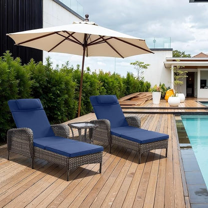 Belord 3 Piece Wicker Outdoor Chaise Lounge Patio Recliner - 75 Inch Adjustable Lounge with Soft Pillow Removable Cushions, All Weather Rattan Pool Lounge Chair Set 2 for Poolside Deck - Grey/Blue