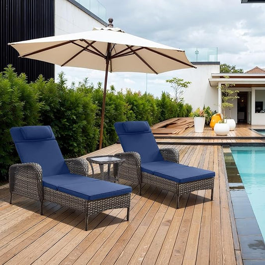 Belord 3 Piece Wicker Outdoor Chaise Lounge Patio Recliner - 75 Inch Adjustable Lounge with Soft Pillow Removable Cushions, All Weather Rattan Pool Lounge Chair Set 2 for Poolside Deck - Grey/Blue