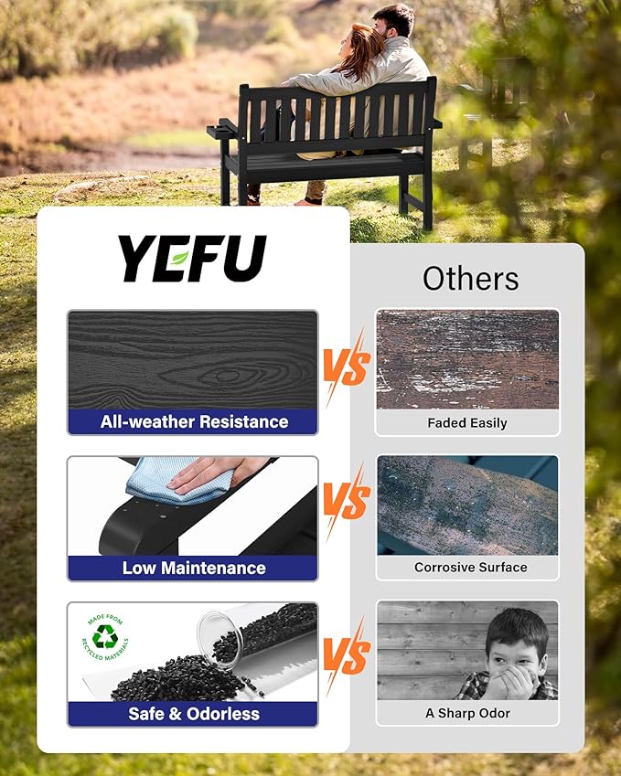 YEFU Outdoor Bench for Patio Waterproof: Heavy Duty 2-Person Garden Bench Set of 2 with 2 Cup Holders & Oversized Seating - HIPS Weatherproof Patio Benches for Front Porch Backyard Park, Black