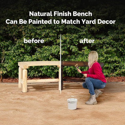 VINGLI Outdoor Bench Wooden Curved Bench, All-Weather Fire Pit Backless Patio Bench, 2-Person Seating Rustic Garden Bench for Backyard Porch Deck Entryway (Natural)