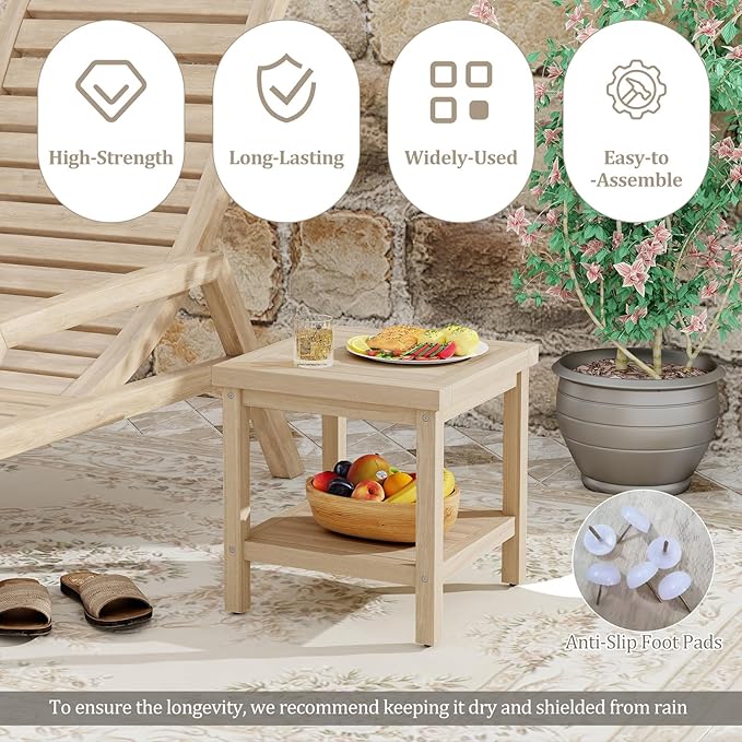 Tangkula 2-Tier Outdoor Side Table, Teak Wood End Table with Storage Shelf, Square Patio Snack Table, Coffee End Table for Porch Deck Garden, Natural