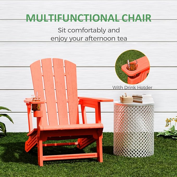 FONTOI Adirondack Chair, Outdoor Weather Resistant Lawn Furniture, Plastic Adirondack Chair with Cup Holder, 400 LBS Capacity Recliner, Garden Backyard Patio Without Screws Install, Orange