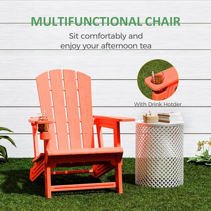 FONTOI Adirondack Chair, Outdoor Weather Resistant Lawn Furniture, Plastic Adirondack Chair with Cup Holder, 400 LBS Capacity Recliner, Garden Backyard Patio Without Screws Install, Orange