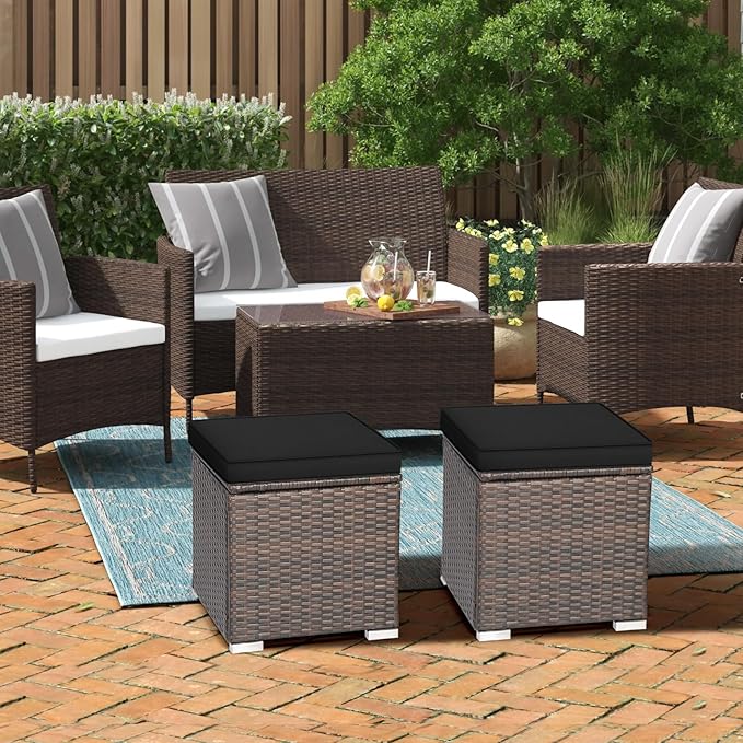 RELAX4LIFE Wicker Outdoor Storage Ottoman, 2-Piece Rattan Footstool w/Removable Cushion - Photo 8