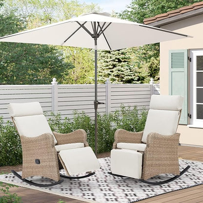 HOMREST Outdoor Recliners Set of 2, Wicker Recling Chairs with 150°Adjustable Back, Porch Balcony Recliner with Extended Footrest & Removable Cushion for Garden, Light Grey