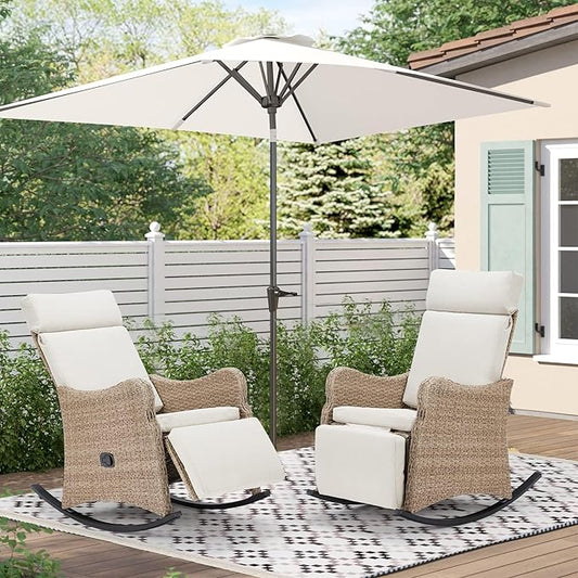 HOMREST Outdoor Recliners Set of 2, Wicker Recling Chairs with 150°Adjustable Back, Porch Balcony Recliner with Extended Footrest & Removable Cushion for Garden, Light Grey