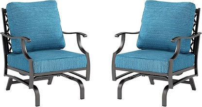 Metal Outdoor Rocker Patio Chairs Set of 2 with 5.75" Extra Thick Cushion, 2 Piece High Back Rocker Patio Chairs All Weather Outdoor Furniture Seating for Deck Balcony Porch, Blue-2