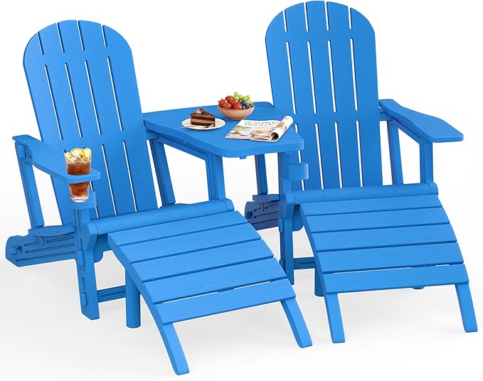 JY QAQA Outdoor Adirondack Chair Set of 2 with Detachable Table & Ottoman, All-Weather HDPE Patio Furniture with Wood Texture & Cup Holder for Patio, Poolside, Garden, Blue