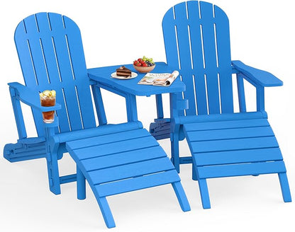 JY QAQA Outdoor Adirondack Chair Set of 2 with Detachable Table & Ottoman, All-Weather HDPE Patio Furniture with Wood Texture & Cup Holder for Patio, Poolside, Garden, Blue