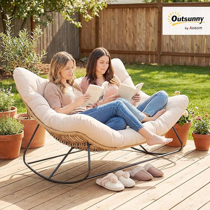 Outsunny Double Papasan Rocking Chair, Wicker Oversized Indoor Outdoor Rocking Chair with Cushion, PE Rattan Padded Outdoor Rocker Egg Chairs for Living Room, Garden, Patio, Balcony, Cream White