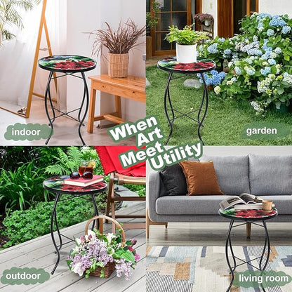 VCUTEKA Patio Side Table Outdoor Accent Table Small Mosaic Tables Coffee End Porch Tables Indoor Outdoor Round Glass Balcony Bistro Plant Stand Hummingbird Poppy 14 inches