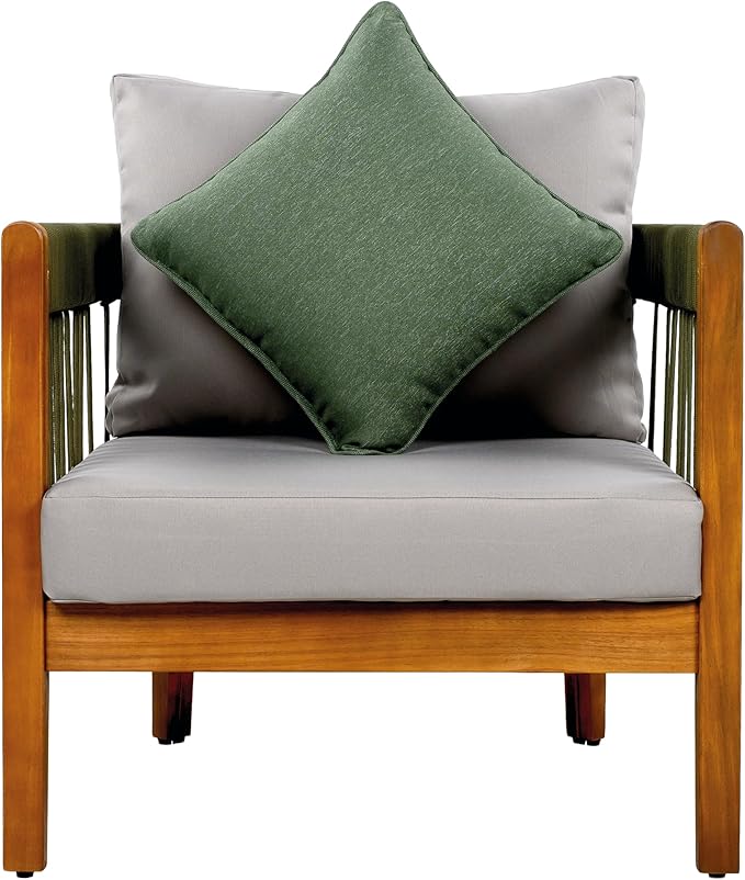 Christopher Knight Home Vinny Acacia Wood Club Chair, Outdoor Accent Chair, Handwoven Rope Armchair with Removable Cushions, Comfort Seating Single Reading Sofa for Garden Backyard Porch, Green+Gray