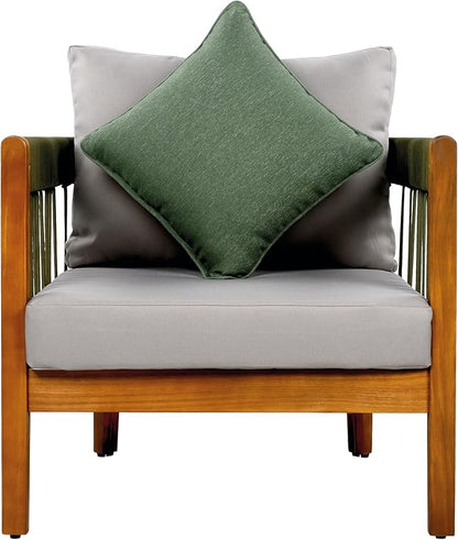 Christopher Knight Home Vinny Acacia Wood Club Chair, Outdoor Accent Chair, Handwoven Rope Armchair with Removable Cushions, Comfort Seating Single Reading Sofa for Garden Backyard Porch, Green+Gray