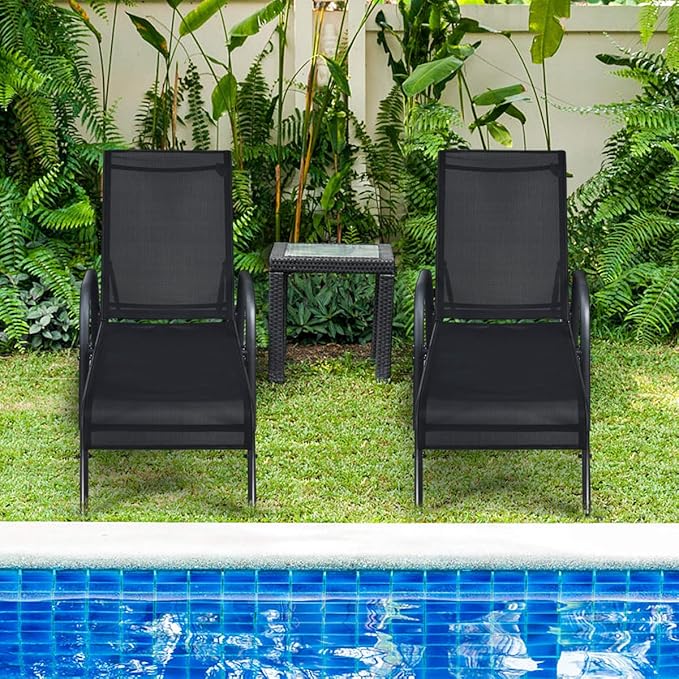 Giantex 2 Pcs Chaise Lounge Chair, Adjustable Reclining Lounge Chairs Patio Furniture, Backyard Lawn Sling Chaise w/Adjustable Back, Folding Recliners for Outdoor Beach Yard Pool (Black)
