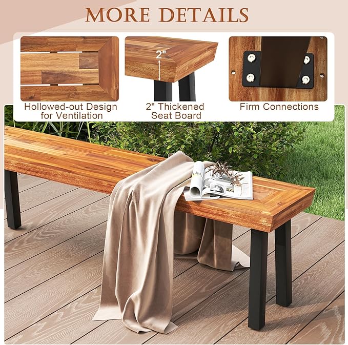 HAPPYGRILL Outdoor Acacia Wood Bench, 2-3 People Garden Benches with Slatted Top & Flared Metal Legs, Patio Dining Benches for Porch, Park & Backyard