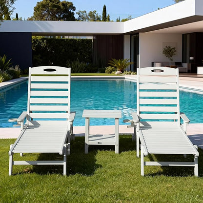 Domi Pool Lounge Chairs Set of 2 with Table, HDPE Outdoor Chaise Lounge Chairs for Outside, Pool Loungers for Poolside, Patio, Sunbathing Tanning, White
