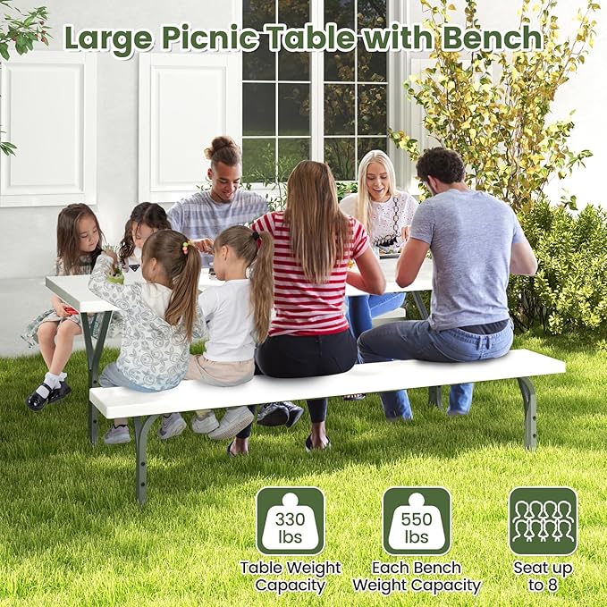 Giantex Picnic Table 6FT for 8 Person, Outdoor Table Set w/ 2 Benches, All-Weather HDPE Rectangular Tabletop - Photo 5
