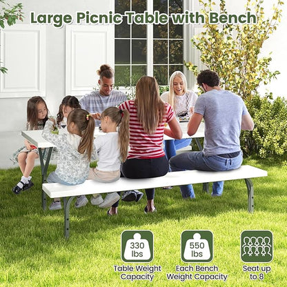 Giantex Picnic Table 6FT for 8 Person, Outdoor Table Set w/ 2 Benches, All-Weather HDPE Rectangular Tabletop, Heavy Duty Metal Legs, Umbrella Hole, for Patio Yard Lawn Party (White)