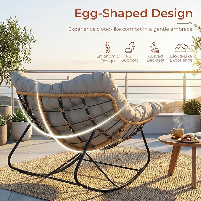 TLSUNNY Outdoor Papasan Rocking Chair, Oversized Padded Lounge Rocker with Cushion, Comfy Wicker Egg Lounge Chair, Large Indoor Rocking Recliner for Living Room/Porch/Garden (Grey)