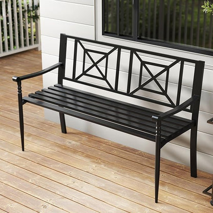 Tangkula 51" Metal Outdoor Park Bench, Slatted Garden Bench for 2-3 People, Patio Park-Style Loveseat with Curved Armrests, Heavy-Duty Outdoor Seating for Backyard, Lawn, Porch