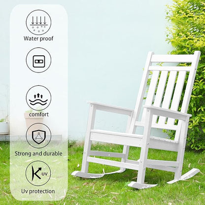 Outdoor Rocking Chair for Adults, High Back Patio Rocking Chair, HDPE All Weather Resistant Porch Rocker for Lawn, Porch, Backyard, Indoor and Garden (White)