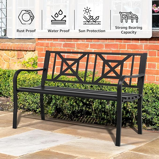 Outdoor Bench Garden Bench Patio Bench,Weatherproof Anti-Rust Metal Powder Coated Frame Park Bench,Metal Bench for Yard & Porch & Park (Geometric)
