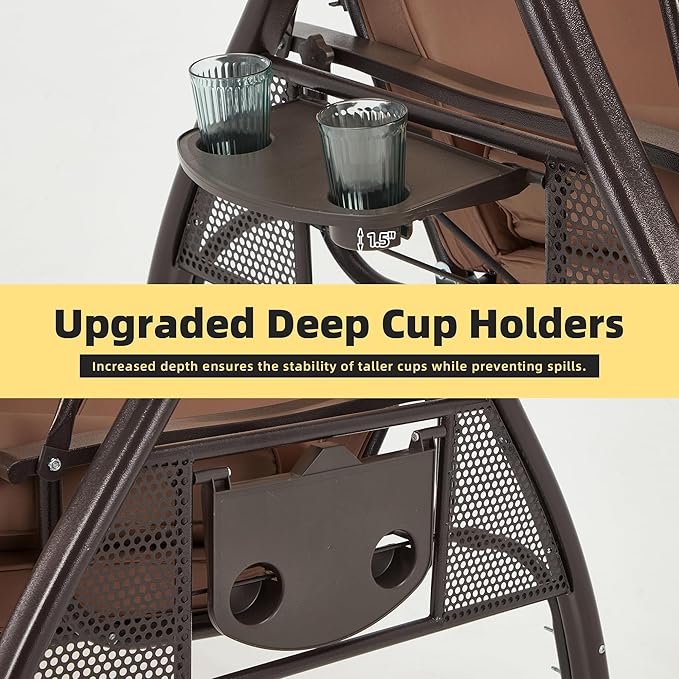 HOMREST 3 Seat Outdoor Porch Swing with 1.5" Deepened Cup Holder, Adjustable Canopy, Patio Swing Bed with Stand - Photo 6