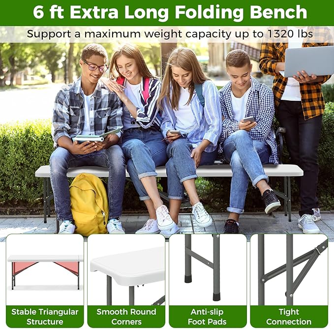 Giantex 6 FT Plastic Folding Bench, HDPE Portable Seat w/Metal Legs, Fold-in-Half Outdoor Bench for Picnic, Garden, Camping, Party Sport Events, 1320 lbs Capacity, No Assembly (1, White)