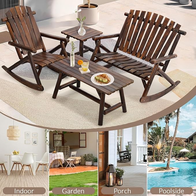 4-Piece Outdoor Wood Rocking Bistro Set, Rustic Wooden Conversation Set Including 2-Seater Loveseat, 2 Coffee Table, Log Rocker Chair, Patio Furniture Chair Set for Lawn Yard, Carbonized