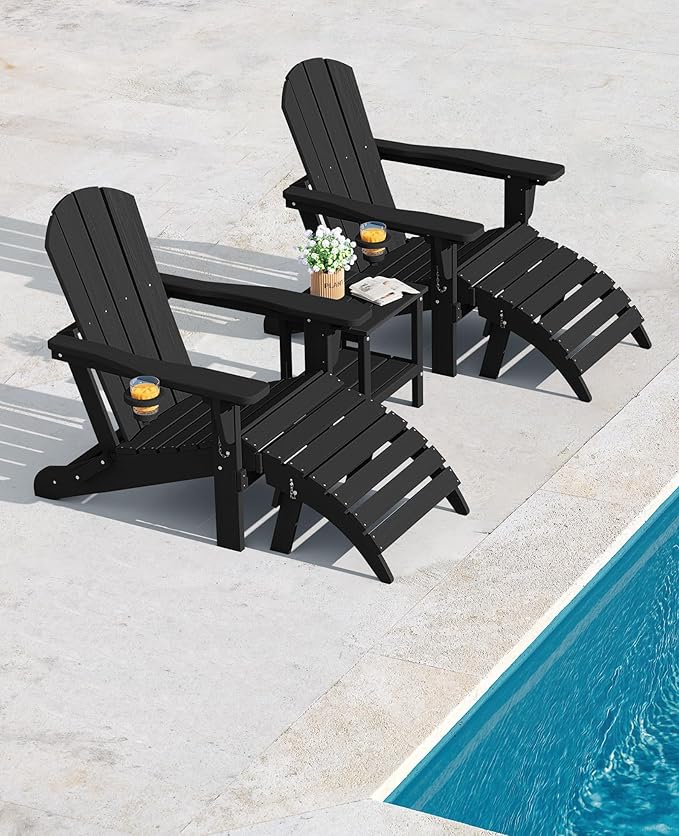 SERWALL 5-Piece Adjustable Adirondack Chair and Ottoman and Table Set, Black - Photo 8