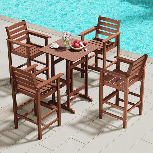 Giantex 29” Bar Stools Set of 4, HDPE Barstools w/Back, Armrests & Footrests, Max Load 330Lbs, Counter Height Bar Stools, Adirondack Chair for Patio Balcony Outdoor Bistro Set, Brown