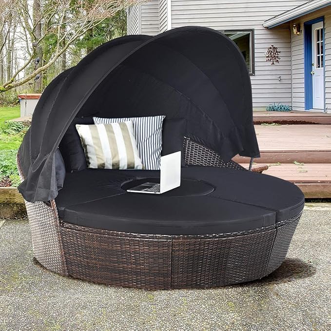 HAPPYGRILL Patio Daybed with Canopy Outdoor Furniture Set Sofa Set Rattan Wicker Round Daybed with Soft Cushions Coffee - Photo 3
