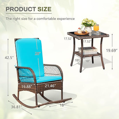 Greesum 3 Piece Outdoor Wicker Rocking Chairs Patio Furniture Set with Glass Coffee Table for Garden Backyard Porch Poolside, Blue