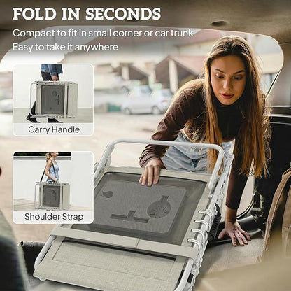 Outsunny Tanning Chair Set of 2 with Face Hole, Side Table, 5-Position Reclining Folding Chaise Lounge Chair Outdoor Lounger Recliner, Carry Straps for Beach Pool Camp, Breathable Mesh, Beige