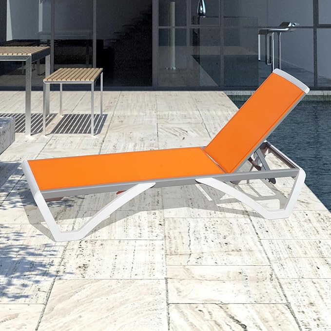 Domi Outdoor Lounge Chair, Aluminum Patio Chaise Lounge with 5 Position Adjustable Backrest and Wheels, All Weather Reclining Chair for Patio, Yard, Balcony, Poolside (Orange)