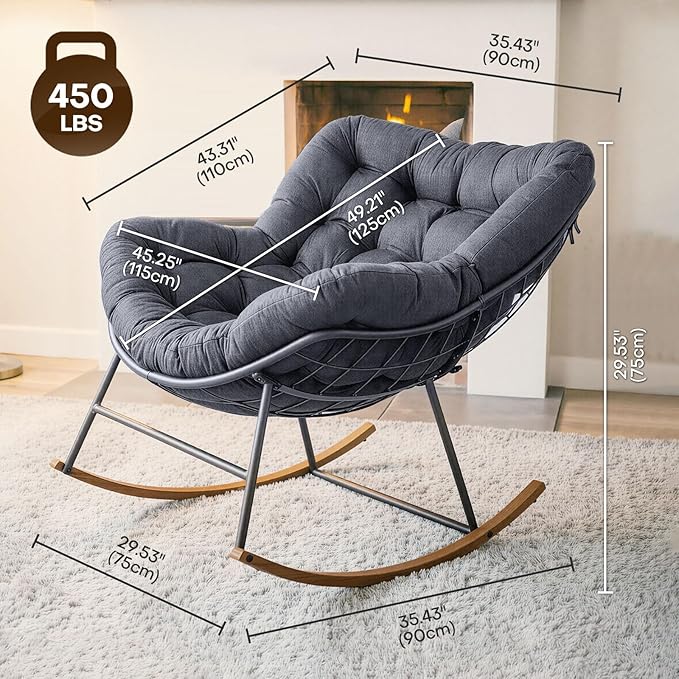 Oversized Outdoor Rocking Chair, Egg Patio Papasan Chair, Comfy Rocker Reading Lounge, for Porch, Garden, Bedroom, Living Room, Balcony, Indoor, Dark Gray