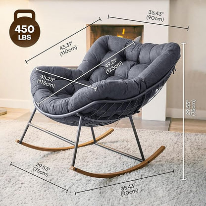 Oversized Outdoor Rocking Chair, Egg Patio Papasan Chair, Comfy Rocker Reading Lounge, for Porch, Garden, Bedroom, Living Room, Balcony, Indoor, Dark Gray